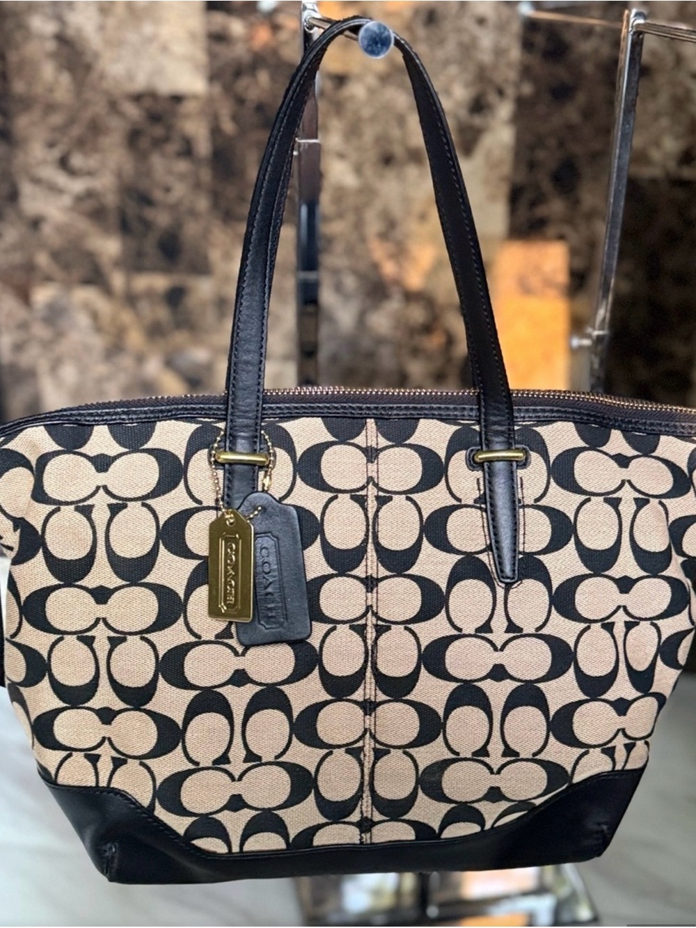 Coach Signature Canvas Tote in Khaki and Black 2000s